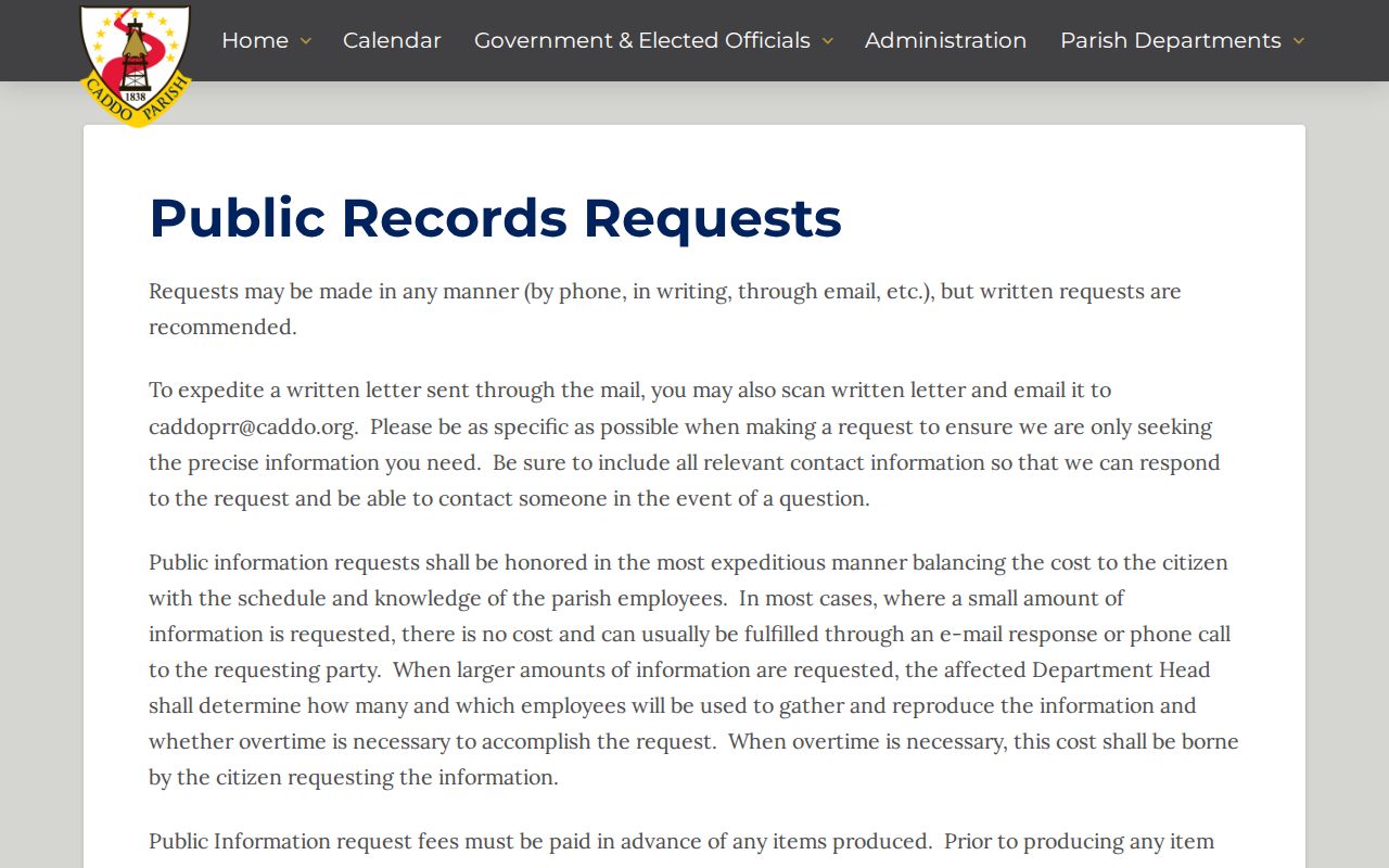 Caddo Parish residents directory public records request page