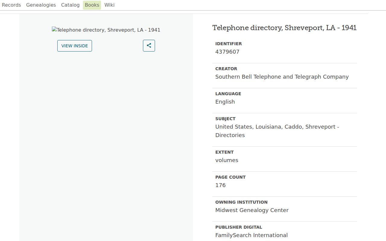 FamilySearch viewer for the 1941 Shreveport telephone directory