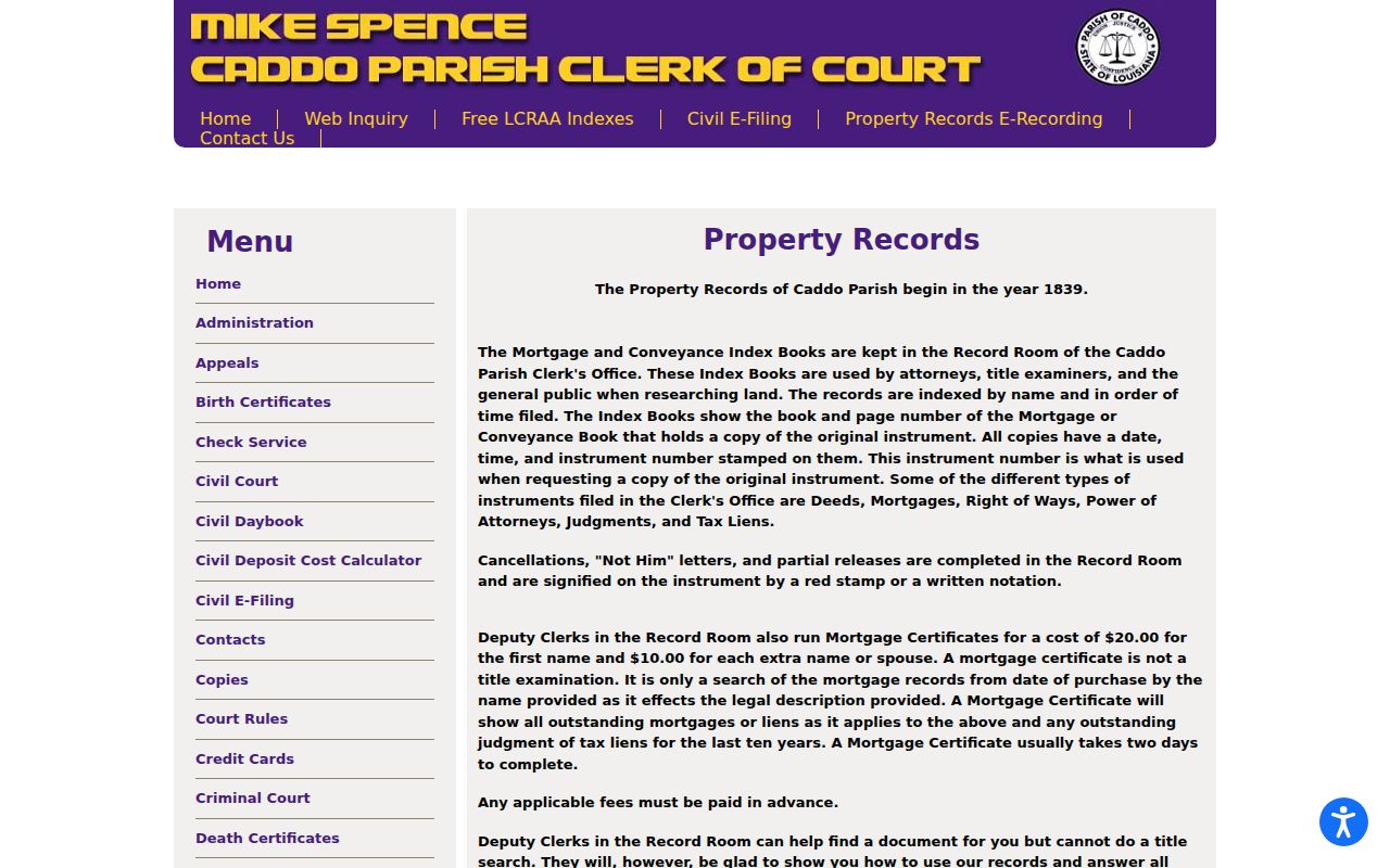 Caddo Parish Clerk historic conveyance and mortgage records page