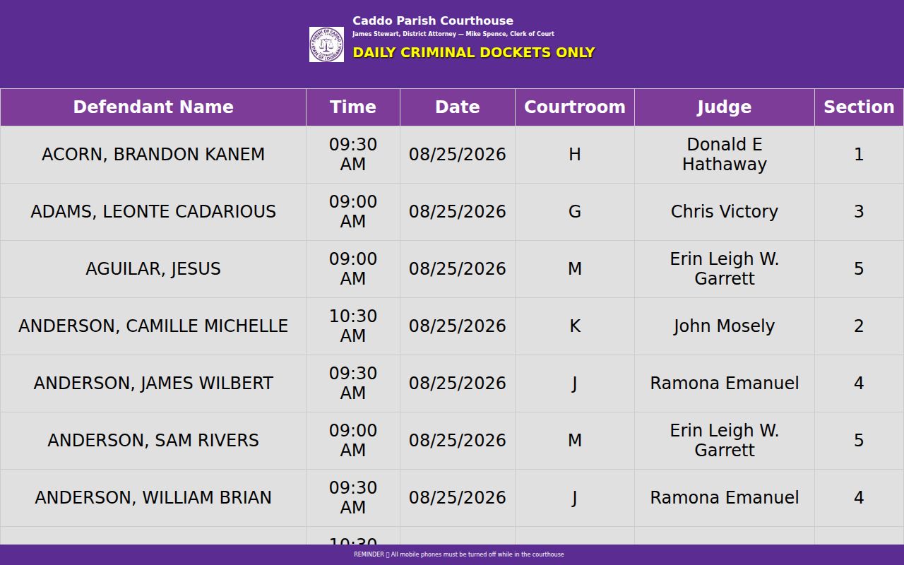Caddo Parish resident lookup daily court docket
