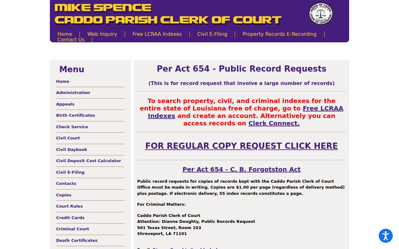 Caddo Parish resident lookup Clerk records request page