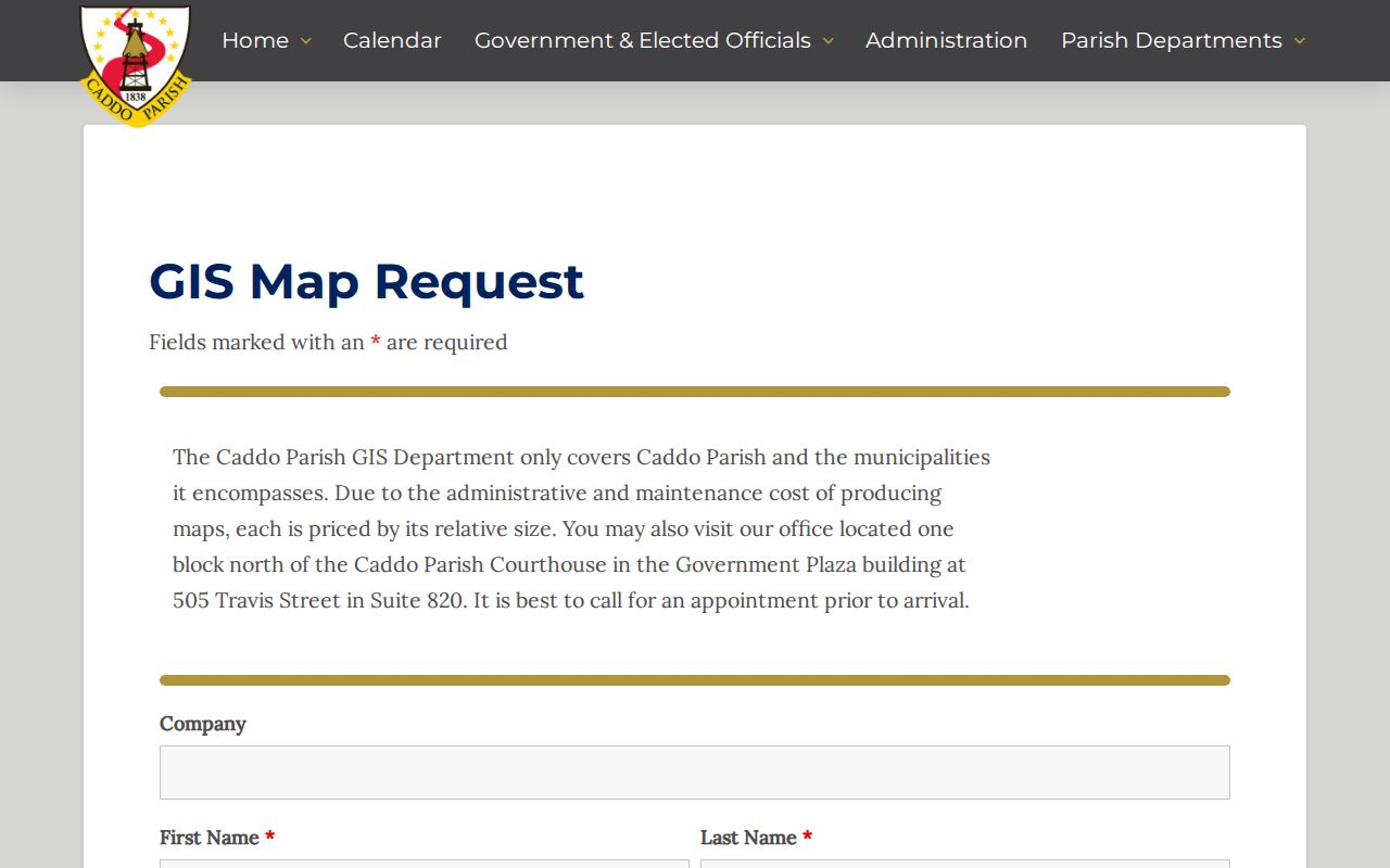 Caddo Parish GIS map request page for street and parcel layers