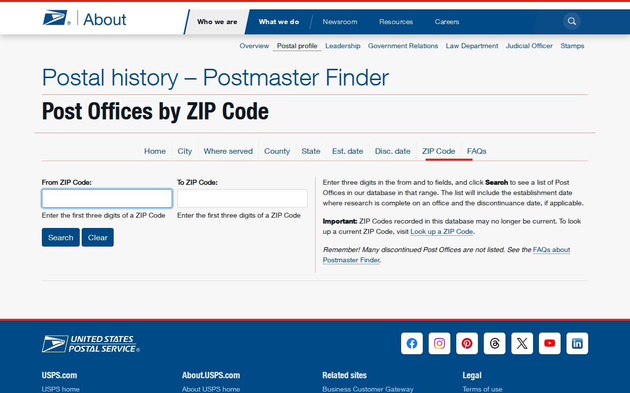 USPS Postmaster Finder historical post offices by ZIP prefix