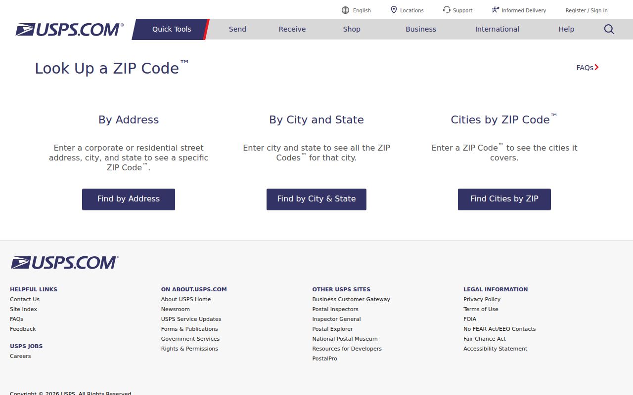 USPS ZIP Code Lookup address and city search page
