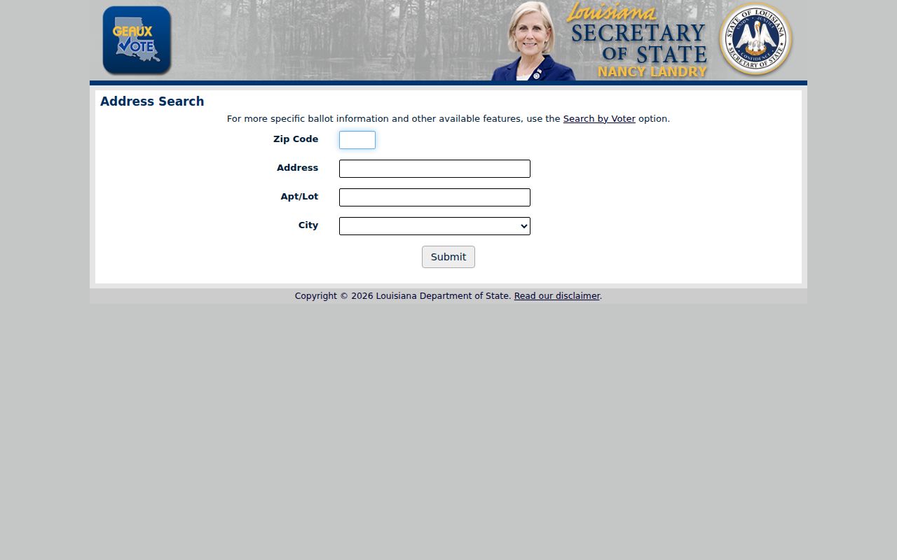 Louisiana voter portal address search with city and ZIP fields